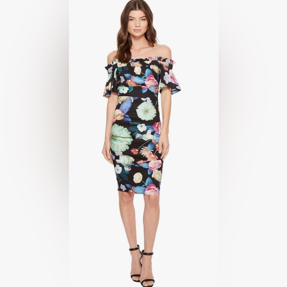 Nicole Miller Daydream Natalia Off The Shoulder Linen-Blend Floral Dress, size 2